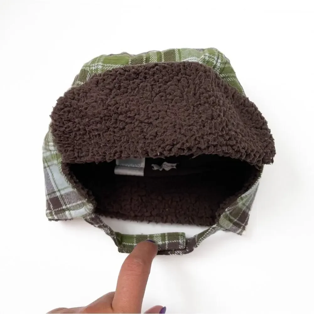 Gymboree Plaid Trapper Hat Green Brown Fleece Lined Winter 3-6 Months Baby